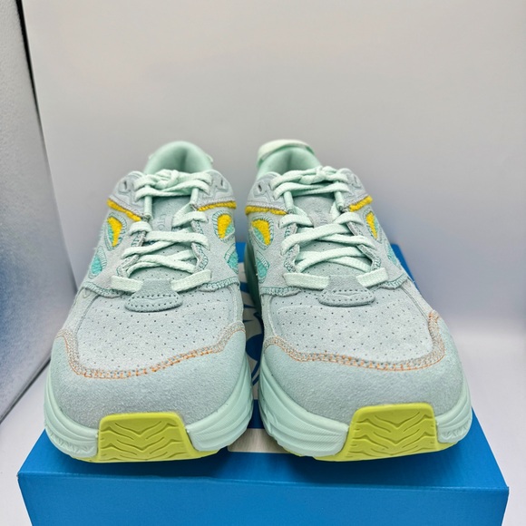 NWT Hoka Clifton Leather Embroidery UNISEX Shoes blue glass radiant yellow NEW - Picture 9 of 16